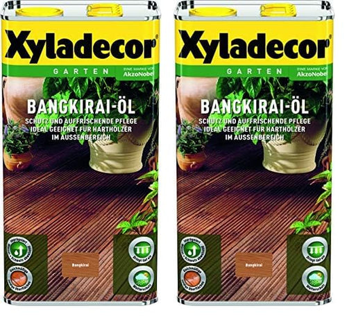 Xyladecor Bangkiraiöl Holzpflegeöl – 5L Doppelpack. Rötlich-braunes Öl pflegt und schützt Bangkiraiholz im Außenbereich.