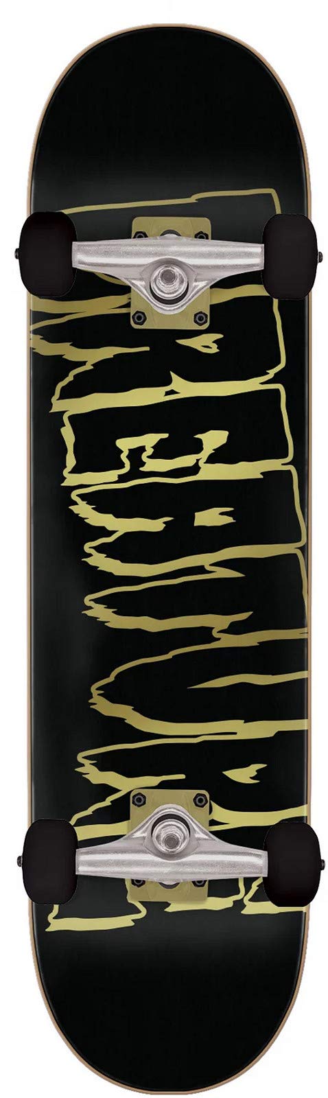 Creature Logo Outline Komplett Skateboard 8.25 Zoll Black Gold. Schwarzes Deck mit goldenem Logo. Fahrbereites Skateboard zum Rollen und Ausführen von Tricks.