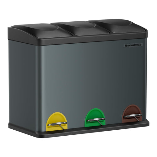SONGMICS LTB45G Mülltrennsystem Treteimer. Ein 45L grüngrau-schwarzer Treteimer zur Abfalltrennung in mehreren Fächern.