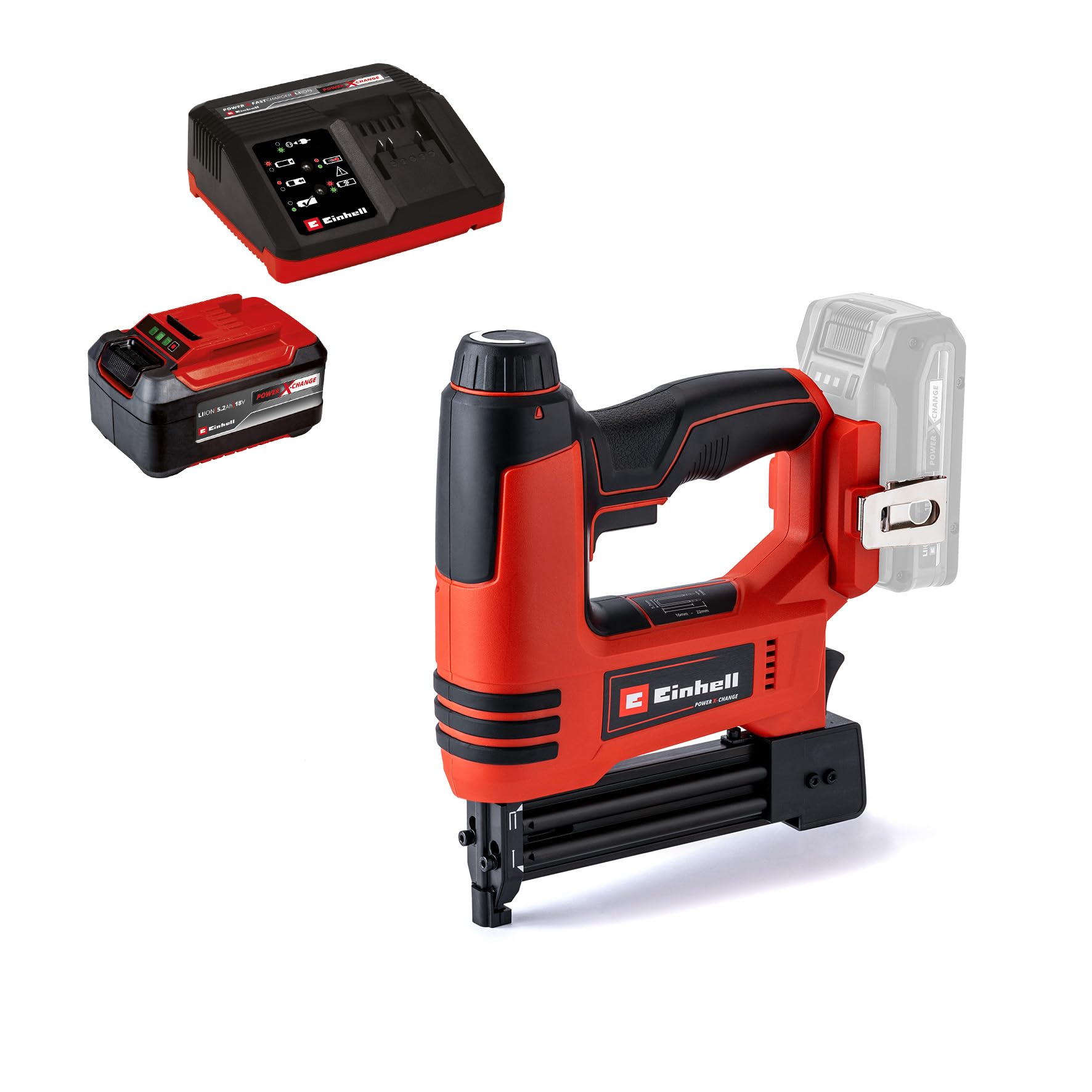 Einhell TE-CN 18 Li PXC Akku-Nagler - Set 5.2 Ah, rot-schwarzer Nagler für präzises Eintreiben von Nägeln und Klammern.