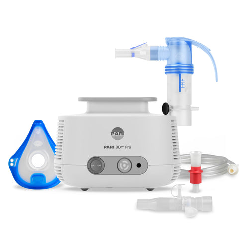 PARI BOY Pro Inhalationsgerät – Erwachsene & Kinder: Weiß-blaues, kompaktes Gerät. Vernebelt Medikamente zur Therapie von Atemwegserkrankungen.