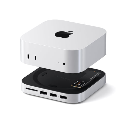 SATECHI Mac mini M4 Hub Stand NVMe SSD Dock - Silber. Silber, erweitert Konnektivität und NVMe-Speicher für Mac mini M4.