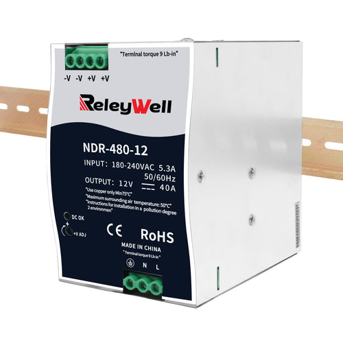 ReleyWell NDR-480-12 Hutschienen Netzteil - 12V 480W 40A. Rechteckiger, grauer AC/DC-Wandler für Industrie-Steuerungen.