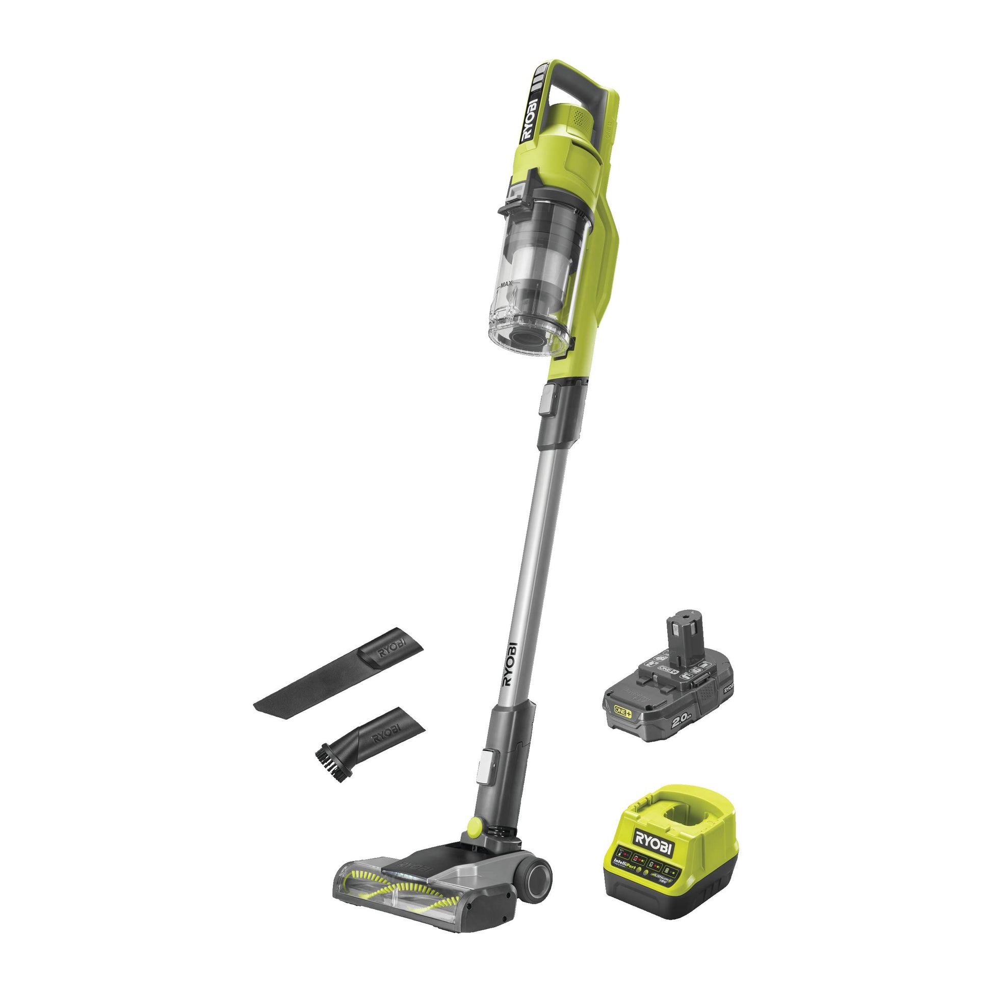 Ryobi 18V ONE+ Akku-Bodenhandsauger RSV18-120G. Grüner, schlanker Stabstaubsauger. Entfernt Schmutz von Böden.