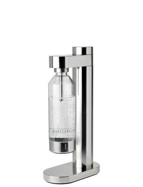 Stelton Brus Wassersprudler Edelstahl mit Flasche – CO2 Carbonator. Zylindrischer Edelstahl-Wassersprudler. Stellt Sprudelwasser her.