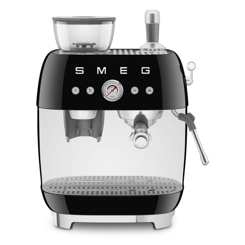 Smeg EGF03BLEU Manuelle Espressomaschine mit Mühle, Schwarz. Schwarze Espressomaschine. Brüht Espresso mit frisch gemahlenen Bohnen.