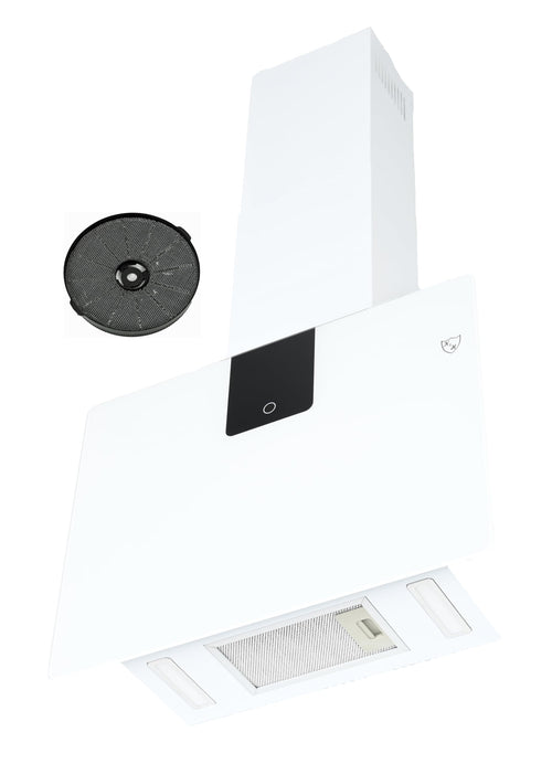 K&H VH-60W Kopffreie Dunstabzugshaube 60cm – Weiss Glas. Weiße Glasfront. Saugt Küchendunst über dem Kochfeld ab.