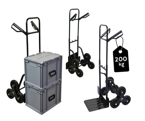 PROREGAL Odin Treppensackkarre Transportkarre 200kg - Schwarz. Schwarze Karre mit Sternrädern für den Lastentransport über Treppen.