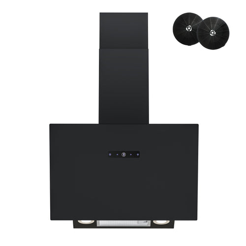 FIREGAS Kopffrei Dunstabzugshaube – 60cm Schwarz Glas Bürstenlos. Schräge, schwarze Glasfront. Saugt Kochdünste effizient ab.