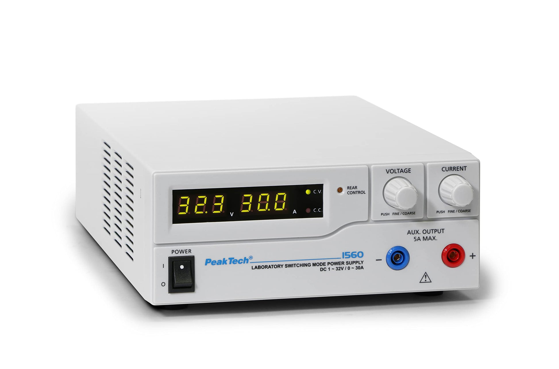 PeakTech 1560 Labornetzgerät DC 1-32V / 0-30A. Schwarzes, rechteckiges Gerät. Regelbare DC-Quelle für Prüfstände.