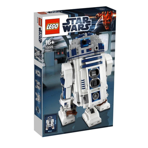 LEGO Star Wars R2-D2 Sammler Droid Modell Bausatz 10225: Weiß-blauer zylindrischer Droide mit Kuppelkopf zum Zusammenbauen und Ausstellen.