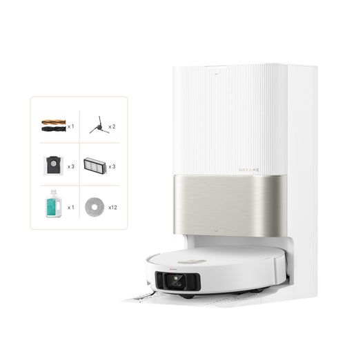 dreame X50 Ultra Complete Saugroboter mit Wischfunktion, runder, weißer Roboter. Saugt und wischt Böden automatisch.