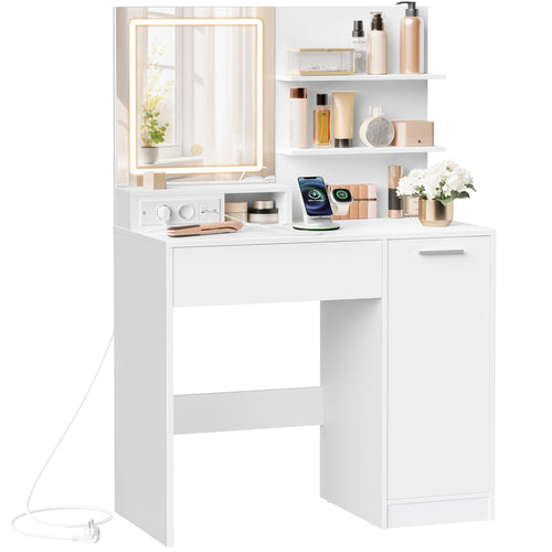 VASAGLE Kailyn Schminktisch mit LED-Spiegel & Steckdosenleiste – Weiss