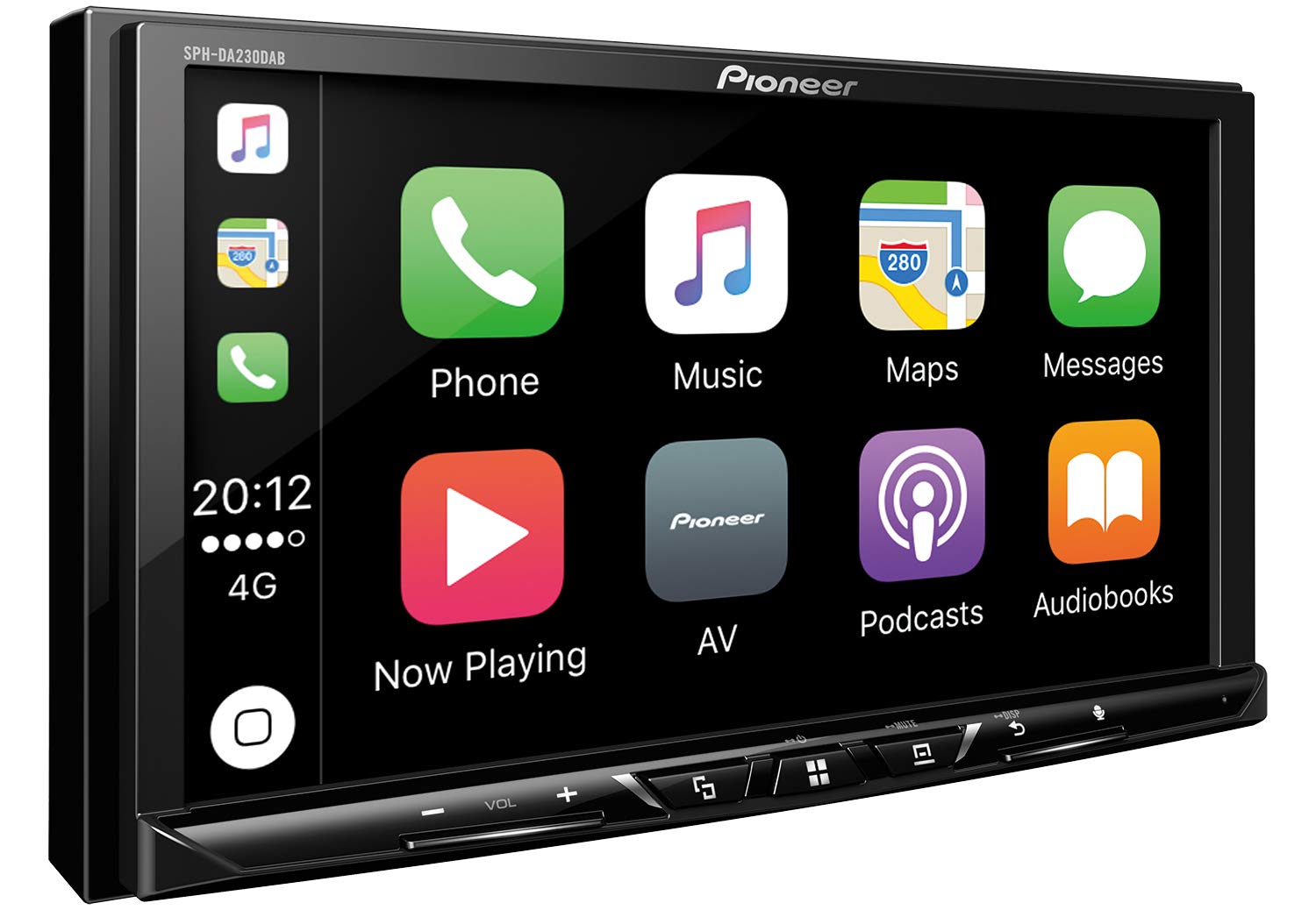 Pioneer SPH-DA230DAB Autoradio. Schwarzes, rechteckiges Doppel-DIN Gerät mit Touchscreen. Ermöglicht CarPlay/Android Auto Integration zur Smartphone-basierten Navigation und Medienwiedergabe im Auto.