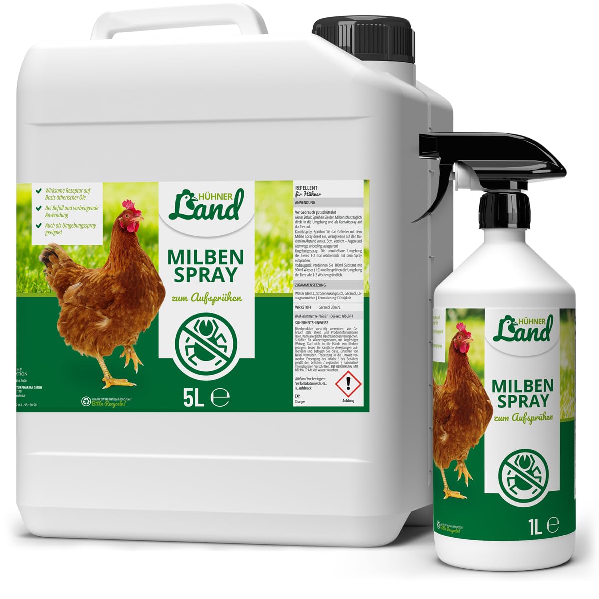 HÜHNER Land Milbenspray Hühner XL Set 6L inkl. Sprühflasche. 6L-Kanister und Sprühflasche gegen Milben bei Hühnern.