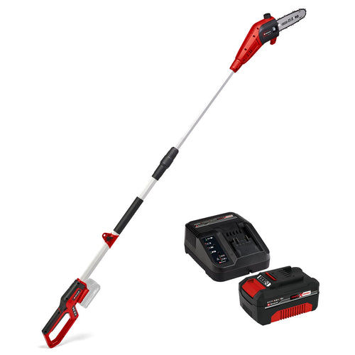 Einhell Power X-Change Akku-Hochentaster GC-LC 18/20 Li T Set. Rotes, teleskopierbares Gerät mit Sägekopf. Kappt Äste an hohen Bäumen.