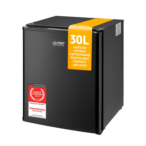 TZS First Austria Mini Kühlschrank 30L lautlos – Mattschwarz. Rechteckiger, mattschwarzer Korpus. Kühlt Getränke und Snacks.