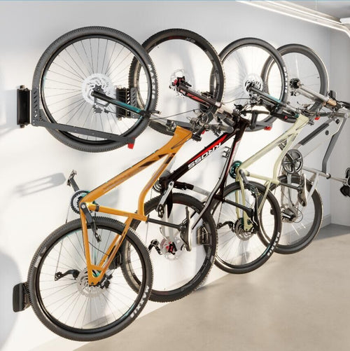 monTEK schwenkbare platzsparende Fahrrad Wandhalterung - 4 Stück. Stabile Haken halten Fahrräder vertikal an der Wand.