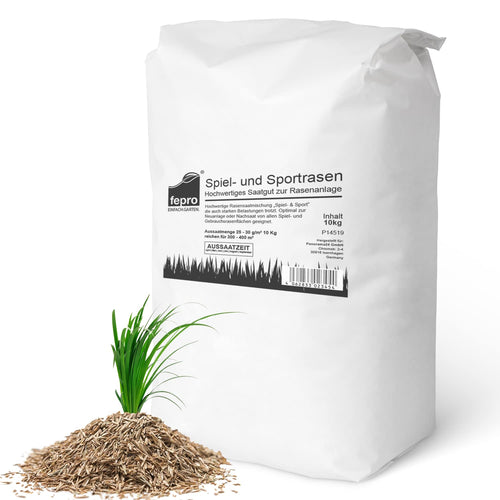 Rasensamen Sport & Spiel Schnellkeimend Dürreresistent – 20kg. Kleine, hellbraune Samen für strapazierfähigen Rasen.