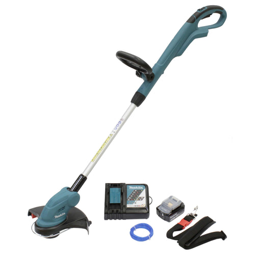 Makita DUR181RF Akku-Rasentrimmer. Grün-schwarzes Gerät mit langem Stiel und Schneidkopf. Trimmt Grasränder.