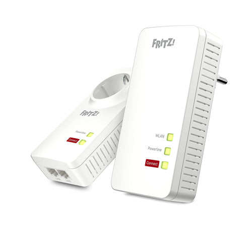 FRITZ! Powerline 1260/1220 WLAN Set - 1200 MBit/s: Zwei weiße Steckeradapter. Erweitert Heimnetz und WLAN via Stromleitung.