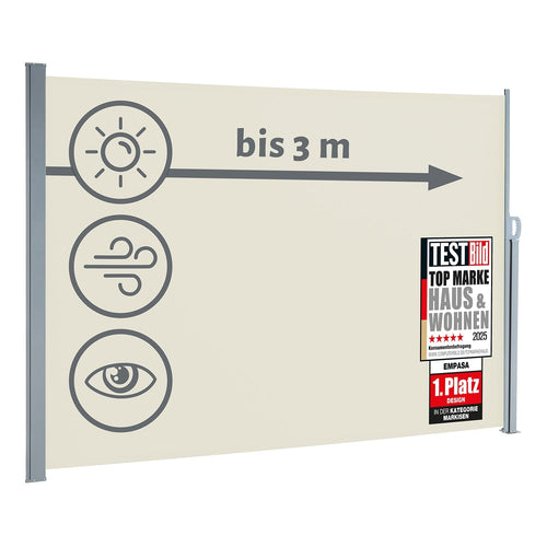 empasa Seitenmarkise Start 2.0 Ausziehbar, cremeweiß, Maße 200x300 cm. Bietet Sicht-, Sonnen- und Windschutz für Terrasse oder Balkon.