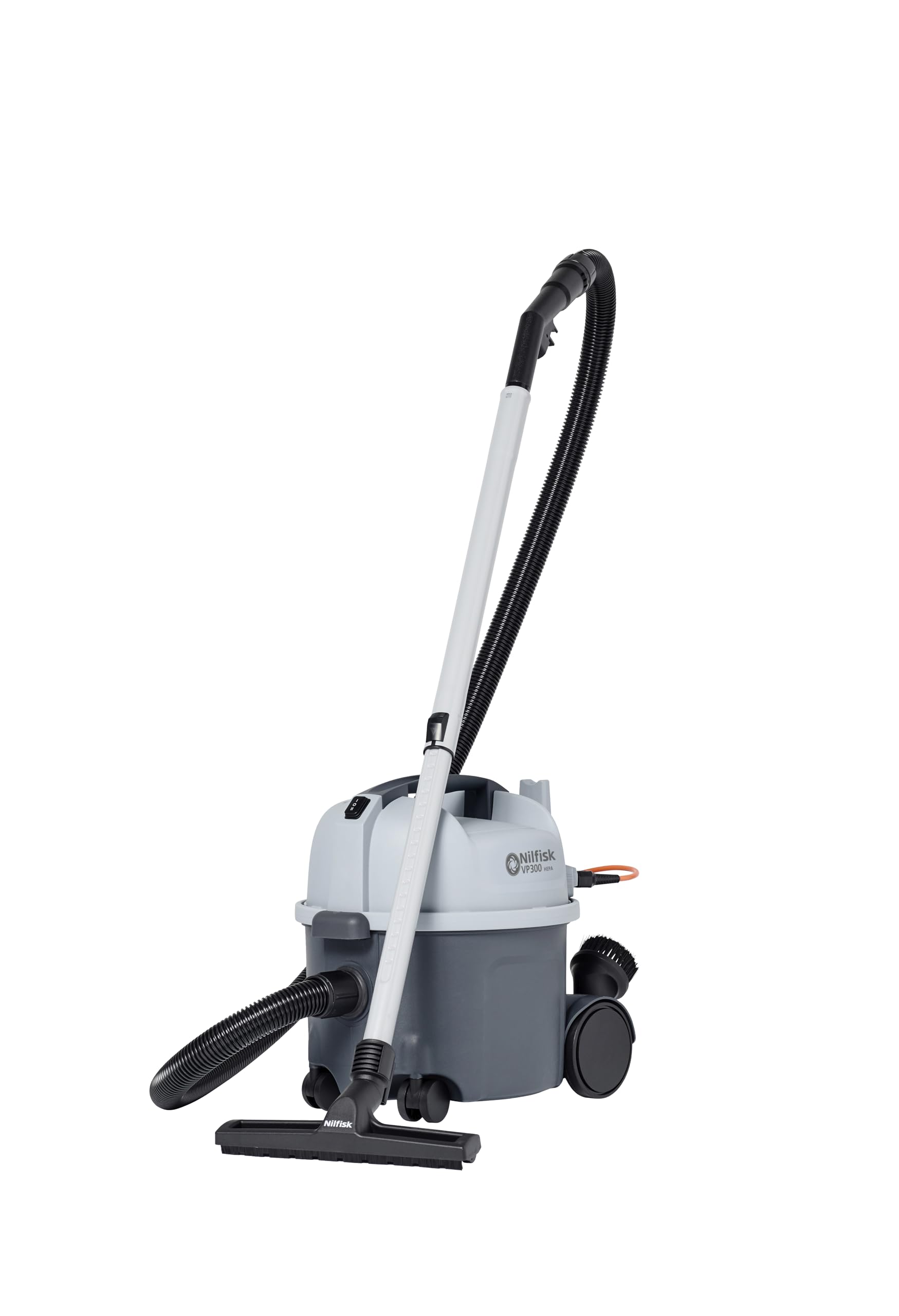 Nilfisk VP300 HEPA Basic Gewerbesauger. Zylindrischer blauer Sauger mit Schlauch zur Trockenreinigung mit HEPA-Filterung.
