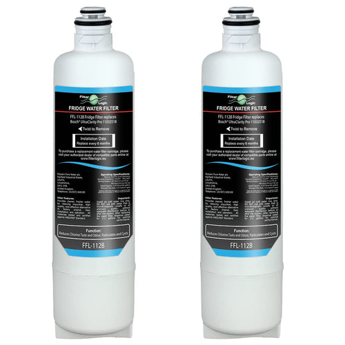FilterLogic FFL-112B Wasserfilter UltraClarity Pro (2er-Pack). Zylindrische weiße Kartuschen filtern Wasser in Kühlschränken.