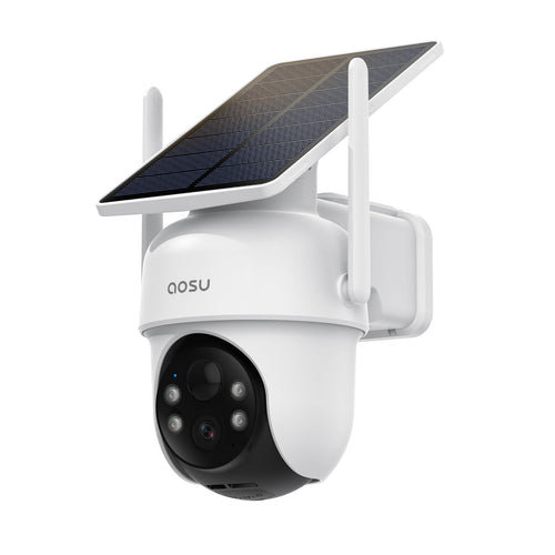AOSU 2K Überwachungskamera Aussen Solar - Zusatzkamera, weißer Kamera-Korpus mit integriertem Solarpanel. Überwacht den Außenbereich.