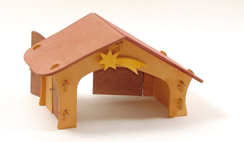 Ostheimer Krippenstall, Holzkrippe mit Stern – Modell 3500, naturbelassener Holzbau mit offener Front als Kulisse für Krippenfiguren.