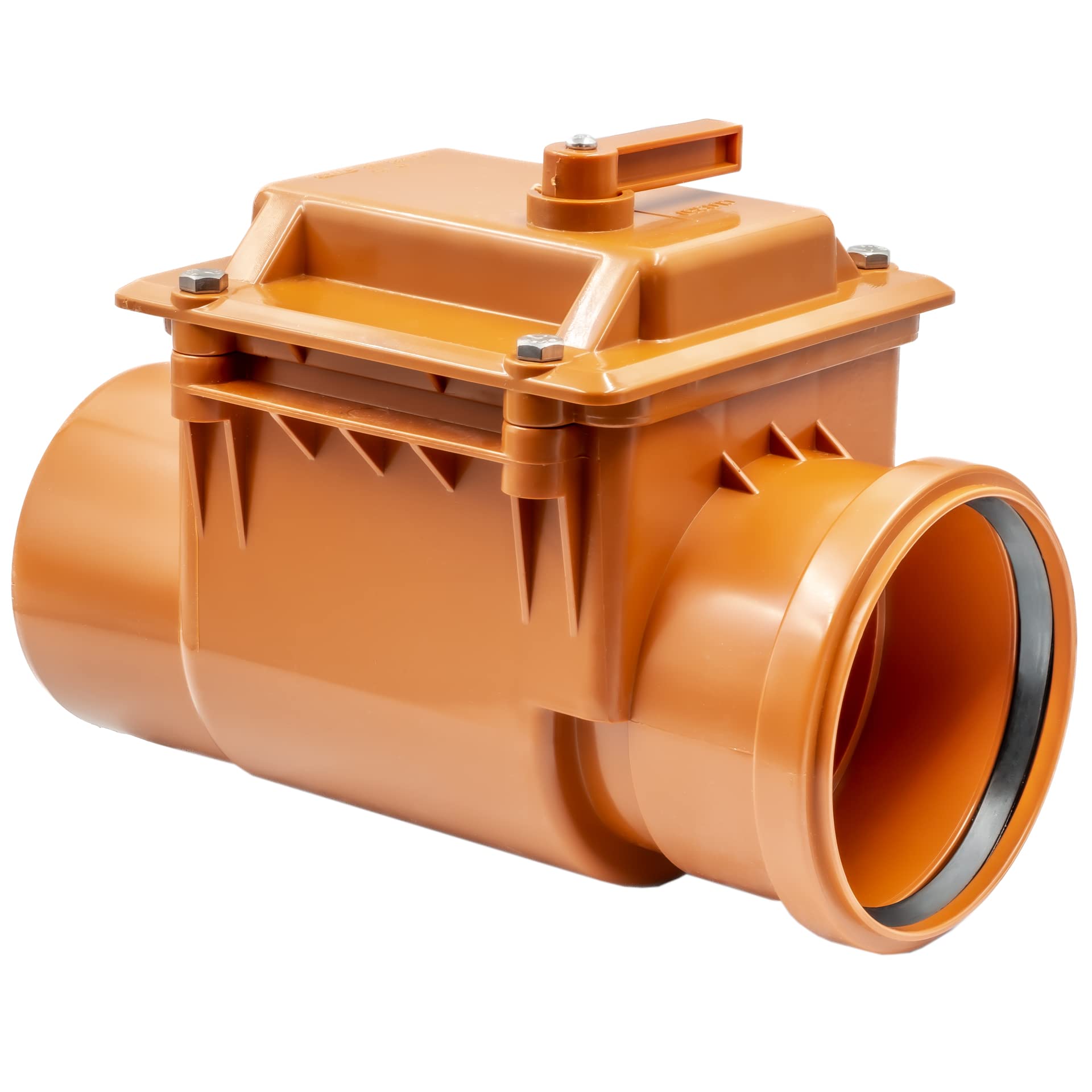 Rückstauverschluss DN 125 – Rückstauklappe für waagerechte Montage: Grauer Kunststoff-Körper verhindert Abwasser-Rückfluss.