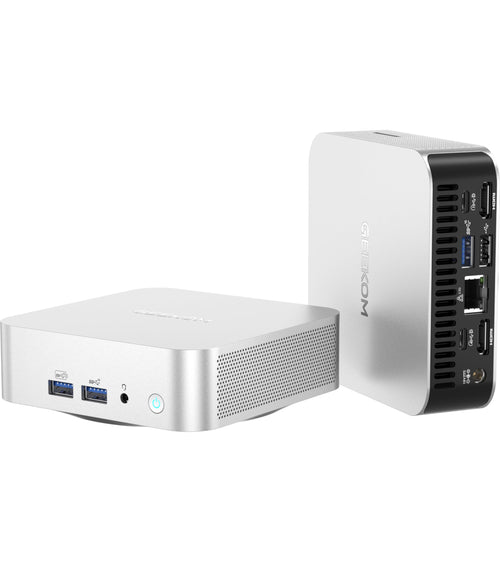 GEEKOM A6 Mini PC – Ryzen 7 6800H, 32GB RAM, 1TB SSD. Kompakter, schwarzer PC für effizientes Arbeiten.