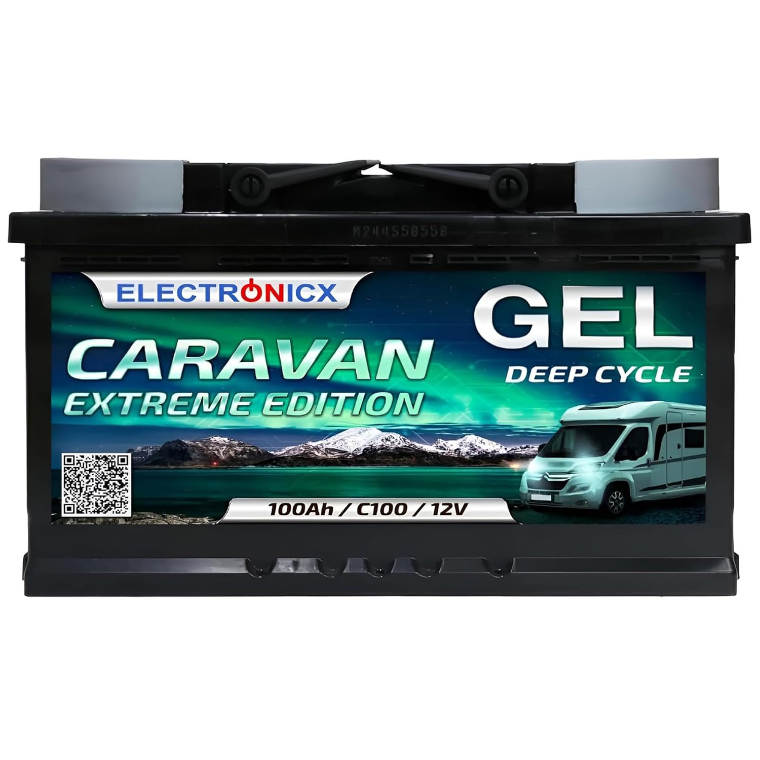 Electronicx 12V 100Ah Gel Batterie – Deep Cycle Solarbatterie, rechteckig, dunkelgrau, zur Energiespeicherung für Solaranlagen.