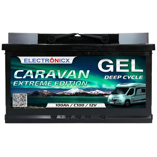 Electronicx 12V 100Ah Gel Batterie – Deep Cycle Solarbatterie, rechteckig, dunkelgrau, zur Energiespeicherung für Solaranlagen.