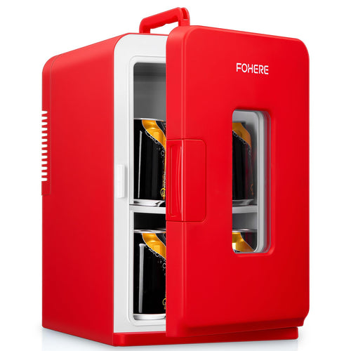 FOHERE 2in1 Mini Kühlschrank 15L Kühl- & Heizfunktion - Rot. Roter 15L Kühlschrank. Kühlt & heizt Getränke/Speisen zur Temperaturregulierung mobil.