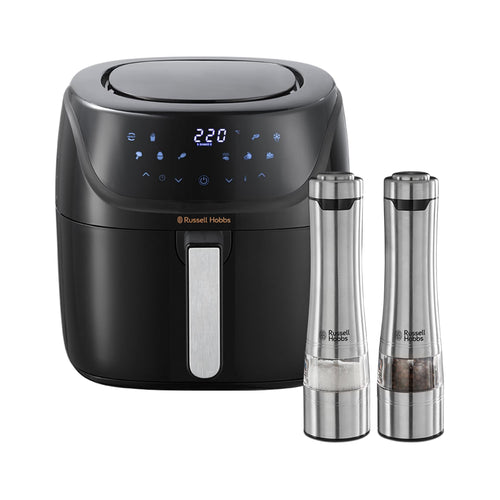 Russell Hobbs AirFryer & Salzmühlen Set - XXL elektrisch. Schwarze XXL Heißluftfritteuse, elektrische Salzmühlen. Zum fettarmen Garen und Würzen.