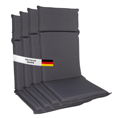 Albatros Gartenstuhl Sitzauflage 4er Set Hochlehner Anthrazit 106x45cm. Vier anthrazitfarbene 106x45cm Hochlehner-Auflagen zum Polstern von Gartenstühlen.