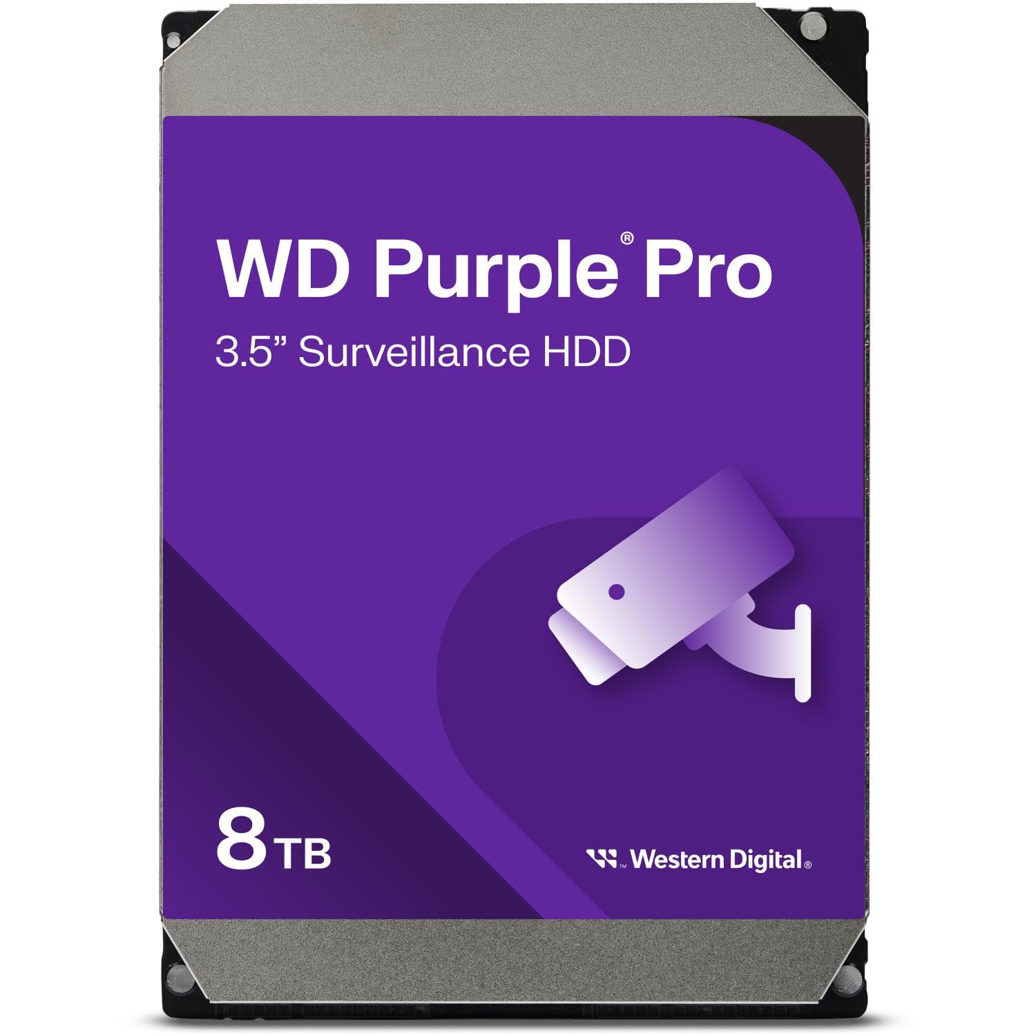 WD Purple Pro Interne Festplatte 8 TB für Überwachung: Rechteckige, silberne Festplatte zum Speichern von Videodaten in Überwachungssystemen.