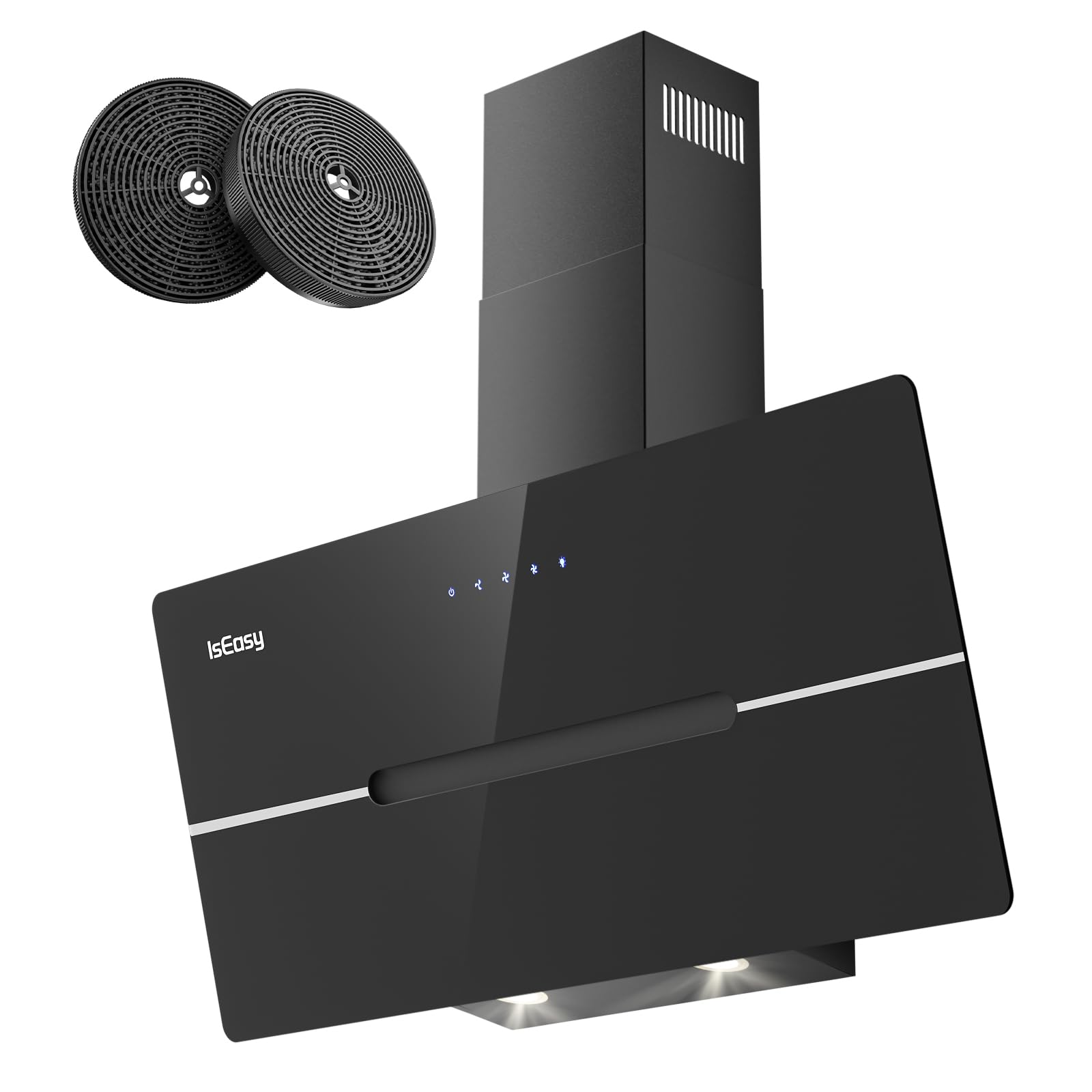 IsEasy Kopffrei-Dunstabzugshaube 90cm 524m³/h – Schwarz. Schwarze, schräge Bauform entfernt Kochdünste über dem Kochfeld.
