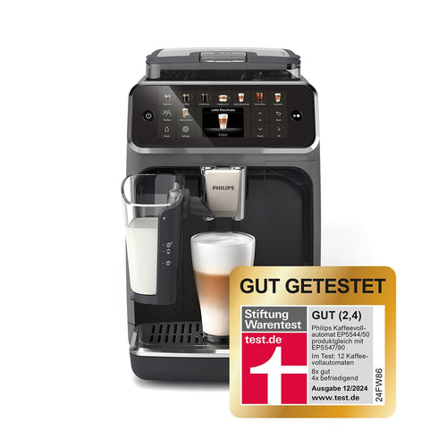 Philips Serie 5500 Kaffeevollautomat LatteGo Grau. Grauer Vollautomat mit LatteGo System, der Kaffee & Milchschaumgetränke zubereitet.