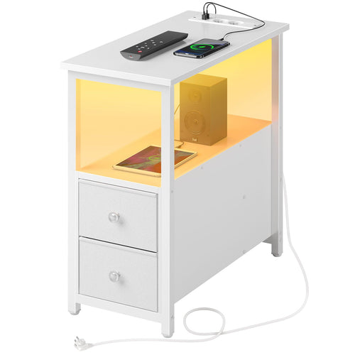 Rolanstar Beistelltisch schmal – Steckdosenleiste, 2 Schubladen Weiss