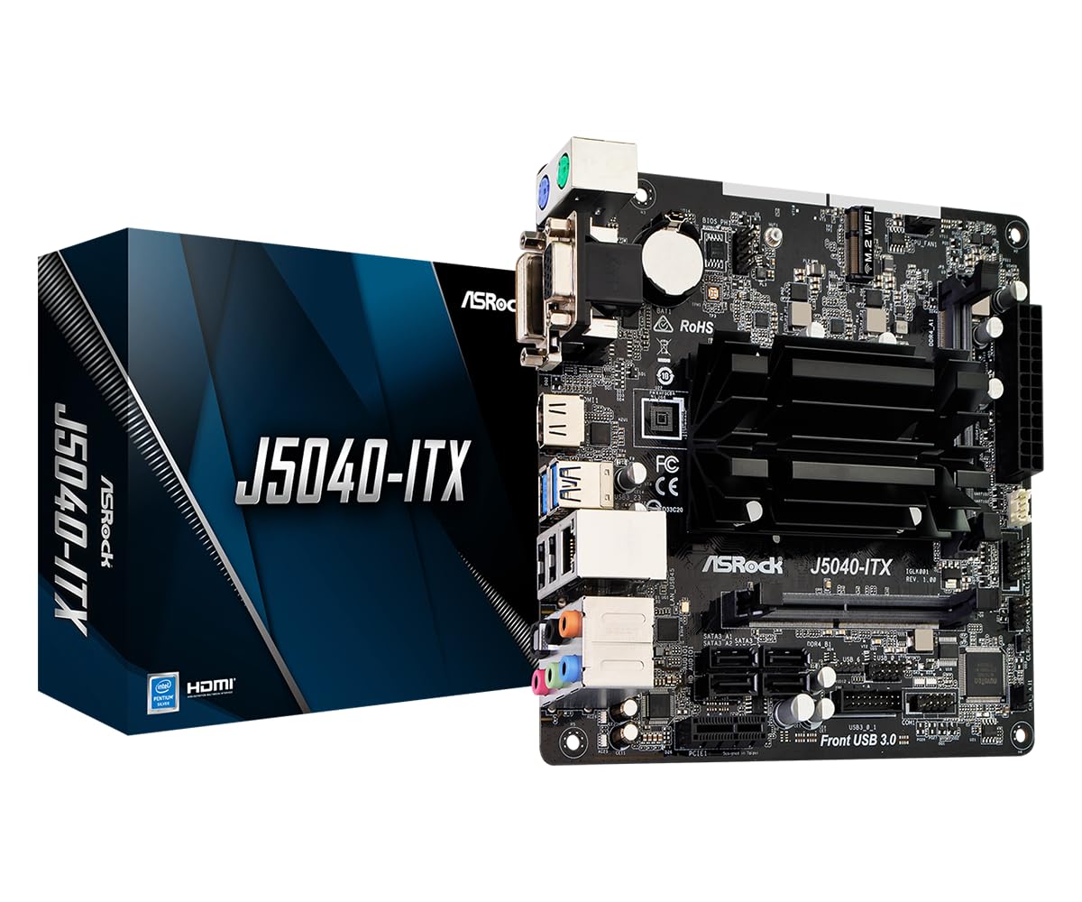 ASRock J5040-ITX Mini-ITX Mainboard mit Intel J5040 CPU, eine kompakte schwarze Platine. Es dient als Basis für sparsame PC-Systeme.