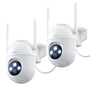 Smart 5MP WLAN Überwachungskamera Aussen PTZ - 2er Set: Zwei weiße, schwenkbare Kameras für die Aussenüberwachung.