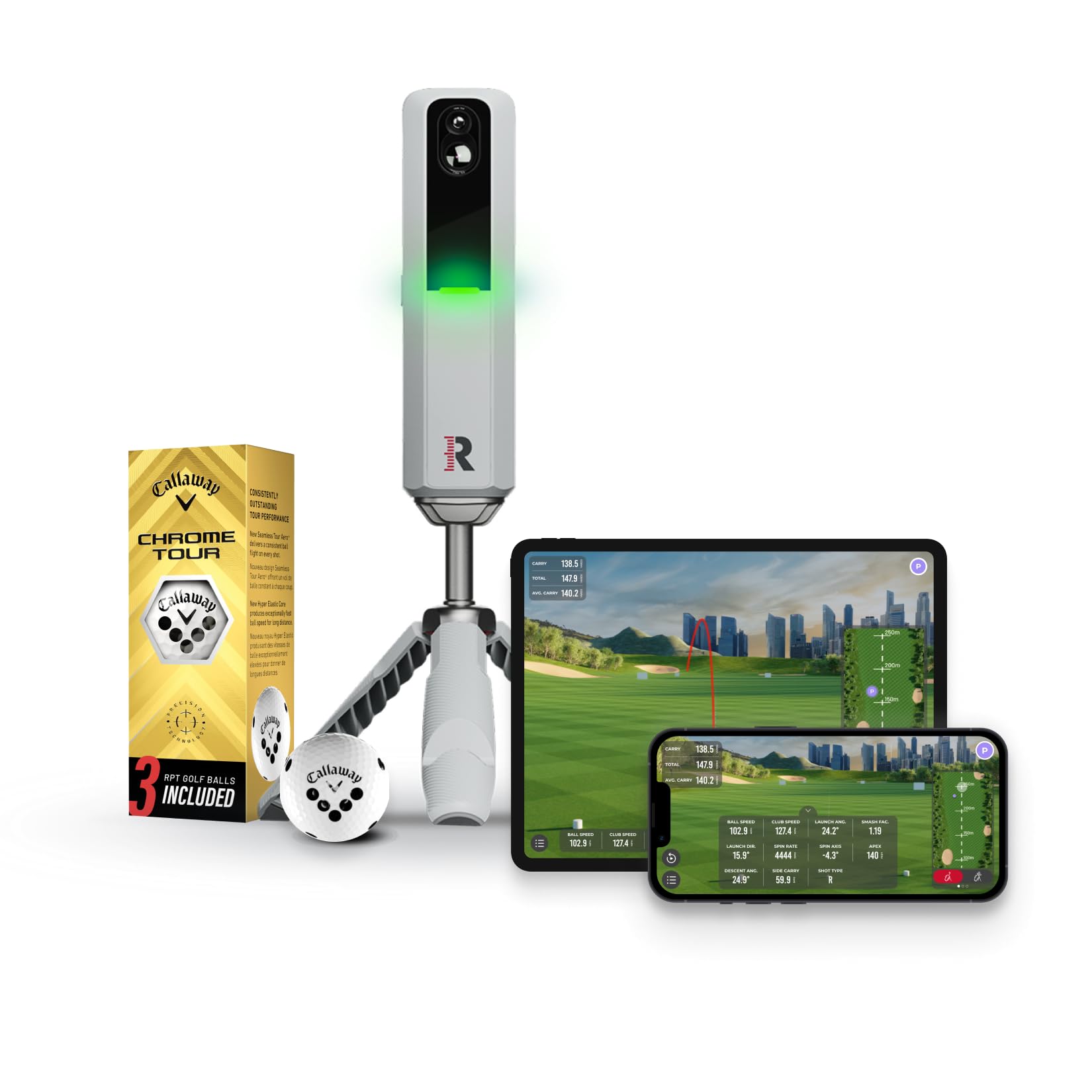 Rapsodo MLM2PRO Mobiler Launch Monitor + Golf Simulator. Schwarzes Gerät zur Erfassung von Golfdaten für Training und Simulation.