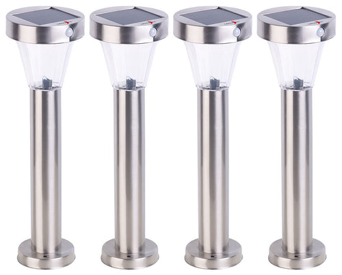 Lunartec Solar-LED-Wegeleuchte 4er-Set, Edelstahl, Sensor. Vier schlanke Edelstahl-Lampen, die Wege per Solar-LED und Sensor beleuchten.