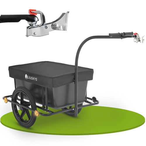 Juskys Fahrradanhänger Lastenanhänger - 90 Liter. Schwarzer, faltbarer Lastenanhänger mit Stahlrahmen und Luftbereifung. Zum Transport von Gütern per Fahrrad.