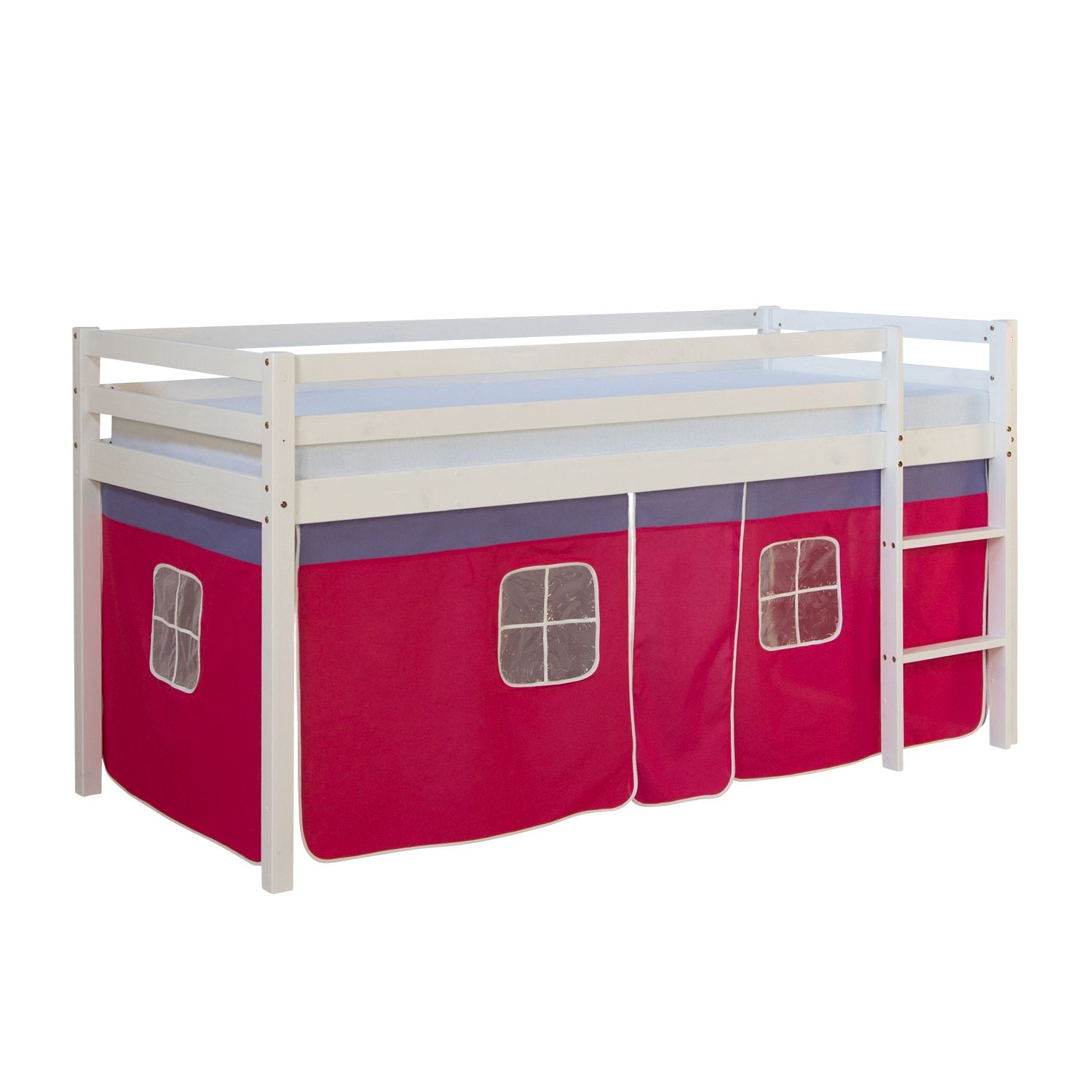 Homestyle4u Kinder Hochbett 90x200 – weiss, Treppe, Pink. Weißes Hochbett mit pinken Details, Treppe. Zum platzsparenden Schlafen.