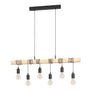 EGLO Townshend Pendelleuchte Industrial 6-flammig - Schwarz/Braun. Schwarze Metall-Pendelleuchte mit braunem Holzbalken für Raumbeleuchtung.