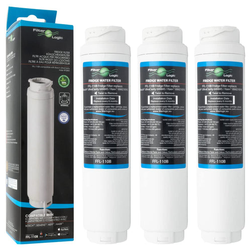 FilterLogic FFL-110B Wasserfilter - 3er Pack kompatibel UltraClarity. Drei weiße, zylindrische Wasserfilter reinigen Trinkwasser für Kühlschränke.