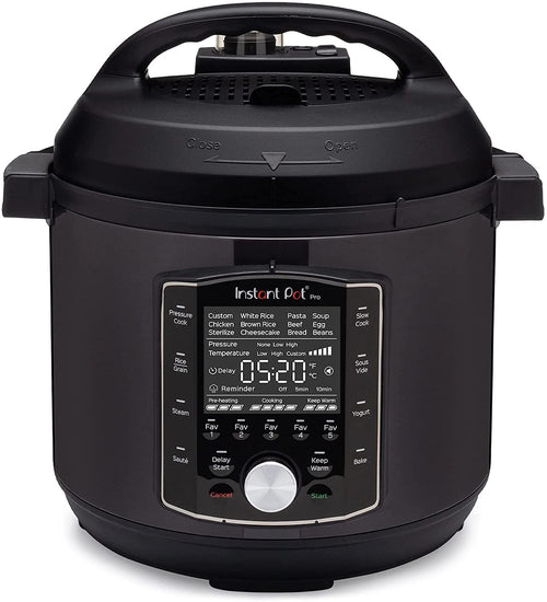 Instant Pot Pro 10-in-1 Elektro-Multikocher – 7,6 L Schwarz. Schwarzer, zylindrischer Topf für vielseitiges Kochen.